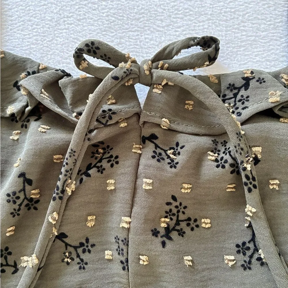 Kirious Mini Dress L Olive Green Floral Ruffle Strap Tie Front Boho Cottagecore